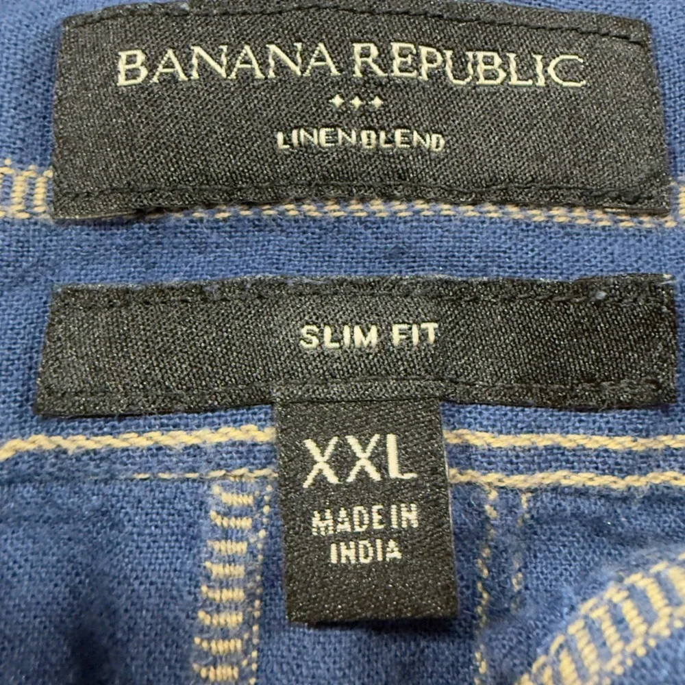 Banana Republic Shirt Mens XXL Blue White Striped Linen Blend Slim Fit 889550 06